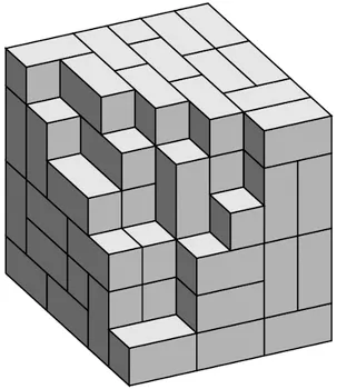 Khối lập phương 6 × 6 × 6 đang ghép dở bằng các khối gỗ 1 × 1 × 2, phần còn thiếu có dạng bậc thang ở góc trước bên trái