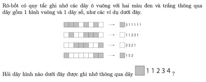 Các ví dụ: mỗi dãy ô xám/trắng được ghi bằng màu của ô đầu tiên và độ dài các nhóm ô cùng màu liên tiếp; câu hỏi: ô xám kèm dãy 1 1 2 3 4