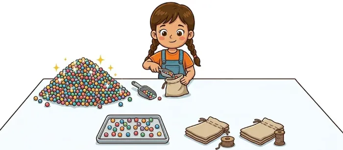 Tranh cô bé đóng hạt cườm vào túi