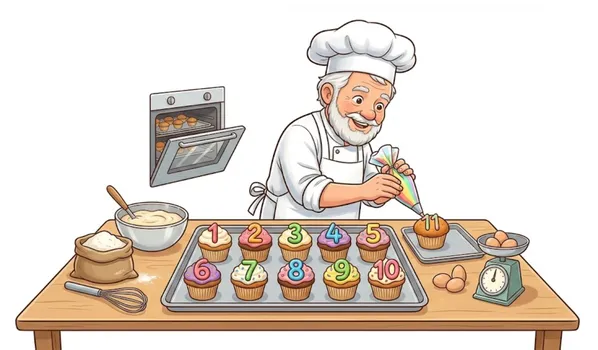 Tranh bác đầu bếp và khay bánh cupcake được đánh số