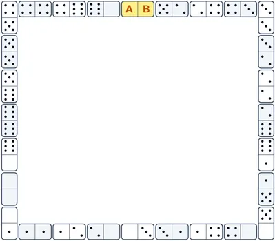 28 quân domino xếp thành một vòng hình vuông, một số nửa quân bị xoá trắng; quân màu vàng ở cạnh trên có hai nửa A và B