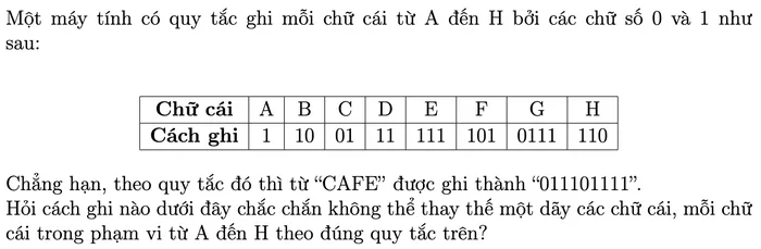 Bảng quy tắc ghi: A là 1, B là 10, C là 01, D là 11, E là 111, F là 101, G là 0111, H là 110