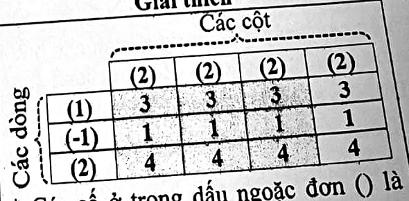 Bảng 3 hàng 4 cột: trọng số các dòng (1), (-1), (2); trọng số các cột (2), (2), (2), (2); các ô lần lượt 3 3 3 3 / 1 1 1 1 / 4 4 4 4. Các số trong dấu ngoặc đơn là trọng số của hàng và cột