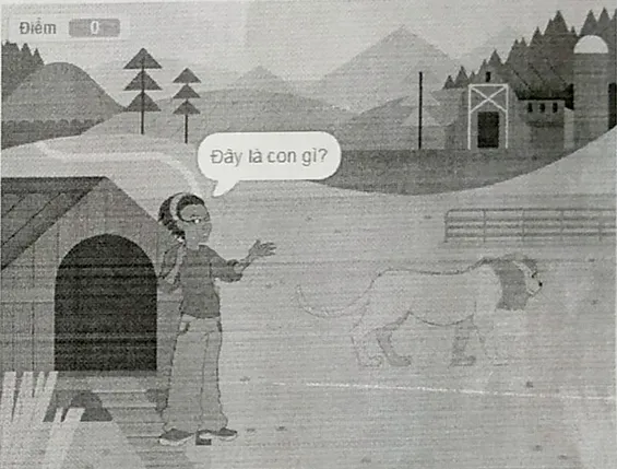 Hình minh hoạ: giáo viên đứng cạnh con sư tử và hỏi Đây là con gì?, góc trên bên trái có biến Điểm