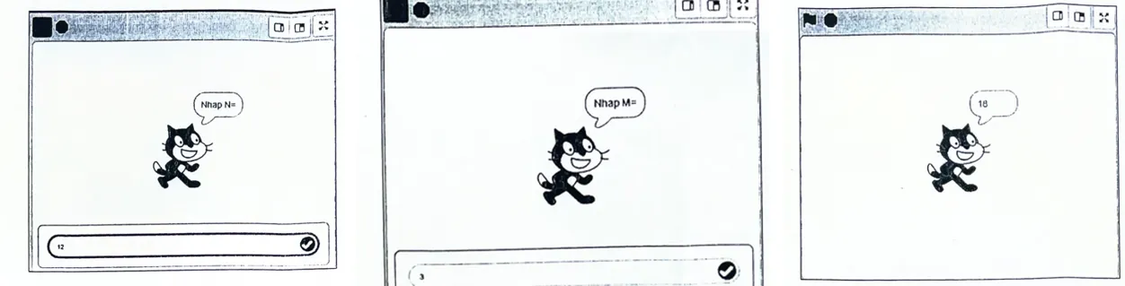 Giao diện: mèo hỏi Nhap N= (nhập 12), rồi Nhap M= (nhập 3), cuối cùng mèo nói 18