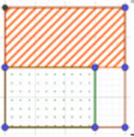 Hình minh hoạ ví dụ 1: hình chữ nhật 2×4 (gạch chéo cam) xếp phía trên hình chữ nhật 2×3 (chấm xanh) trong hình vuông 4×4