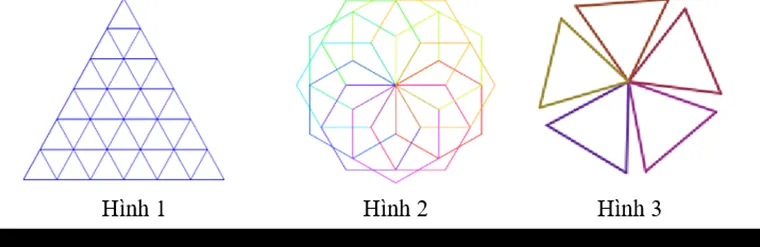 Hình 1: tháp tam giác gồm 6 tầng tam giác đều nhỏ; Hình 2: hoa văn 12 lục giác nhiều màu chung đỉnh ở tâm; Hình 3: 5 tam giác đều chung đỉnh ở tâm, giữa các tam giác có khe hở