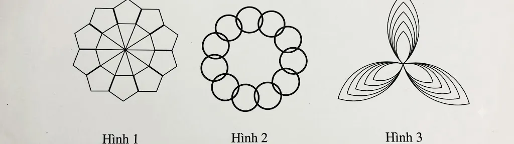 Hình 1: 5 ngũ giác xoay đều quanh 1 tâm chung, mỗi ngũ giác nối với tâm bằng 1 đoạn thẳng. Hình 2: 11 hình tròn bằng nhau xếp cách đều quanh 1 vòng tròn lớn, tô xen kẽ đậm nhạt. Hình 3: hoa văn 3 cánh, mỗi cánh là chuỗi lá hình quả trám lồng nhau tăng dần kích thước, xuất phát chung 1 điểm