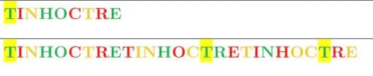 Giải thích ví dụ: TINHOCTRE với chữ T đầu tiên màu xanh được đánh dấu; TINHOCTRE lặp 3 lần với 3 chữ T màu xanh được đánh dấu