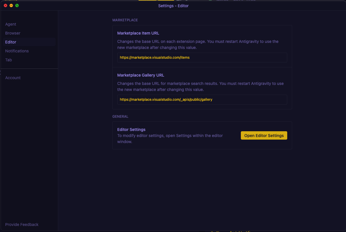 Cấu hình Marketplace trong Antigravity Settings