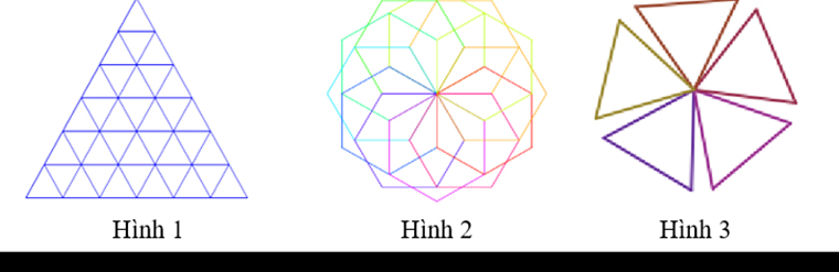 Hình 1: tháp tam giác gồm 6 tầng tam giác đều nhỏ; Hình 2: hoa văn 12 lục giác nhiều màu chung đỉnh ở tâm; Hình 3: 5 tam giác đều chung đỉnh ở tâm, giữa các tam giác có khe hở