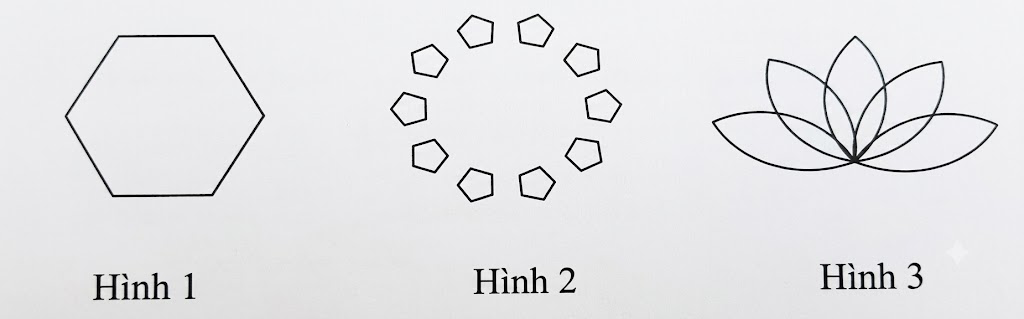 Hình 1: lục giác đều cạnh 60. Hình 2: 10 ngũ giác nhỏ (hoạ tiết hoa văn) xếp cách đều quanh một vòng tròn. Hình 3: quạt 5 cánh hoa hình elip cùng xuất phát từ gốc toạ độ