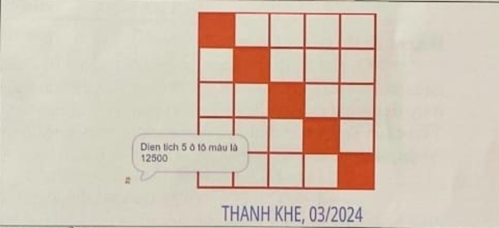Lưới 5 x 5 ô vuông viền đỏ, 5 ô trên đường chéo từ góc trên trái xuống góc dưới phải được tô đỏ cam; nhân vật nói: Dien tich 5 o to mau la 12500