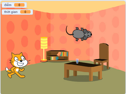 Sân chơi: phòng Room 2 với mèo Sprite1 và chuột Mouse1, góc trên có biến điểm và thời gian