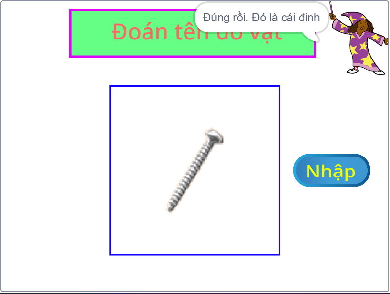 Các mảnh ghép đã mở hết, hiện cái đinh vít trong hình vuông, GV nói Đúng rồi. Đó là cái đinh