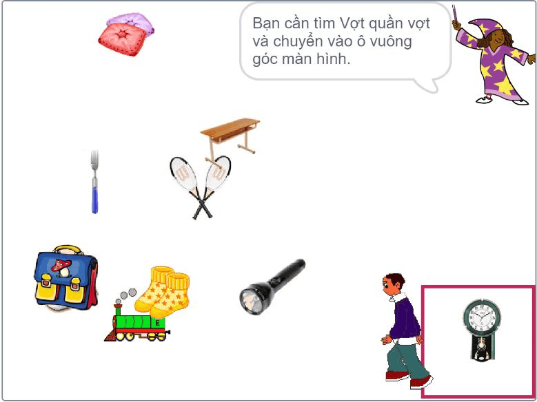 Đồng hồ treo tường đã nằm trong ô vuông, MC nói Bạn cần tìm Vợt quần vợt và chuyển vào ô vuông góc màn hình