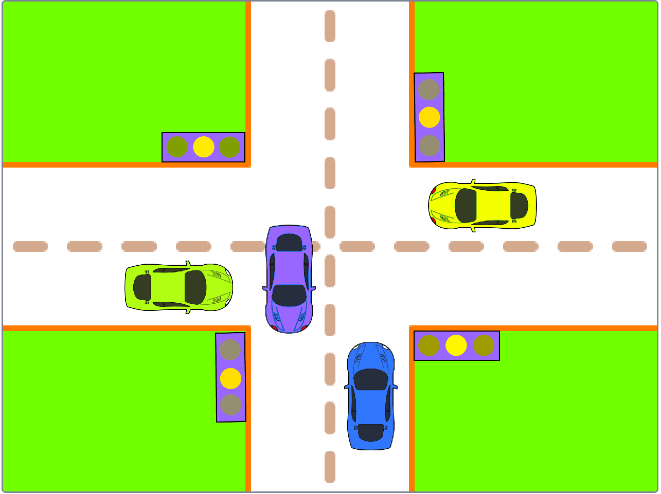 Cả bốn đèn đều vàng, các ô tô dừng trước ngã tư, một ô tô đã ở trong ngã tư đi tiếp