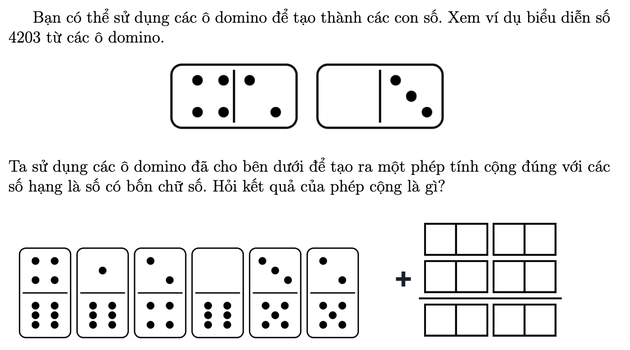 Ví dụ số 4203 ghép từ hai ô domino; sáu ô domino đã cho: 4 và 6, 1 và 6, 2 và 4, 0 và 6, 3 và 5, 2 và 5; phép cộng hai số bốn chữ số