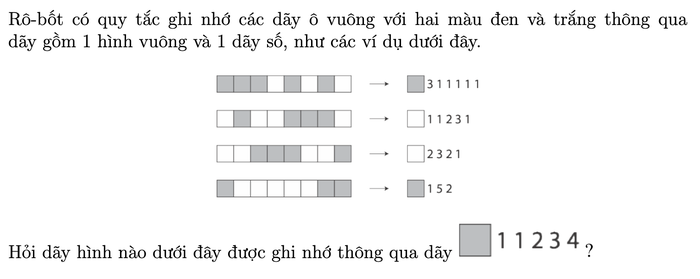 Các ví dụ: mỗi dãy ô xám/trắng được ghi bằng màu của ô đầu tiên và độ dài các nhóm ô cùng màu liên tiếp; câu hỏi: ô xám kèm dãy 1 1 2 3 4