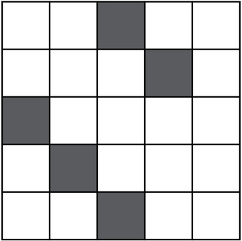 Lưới 5 × 5 có 5 ô xám: hàng 1 cột 3, hàng 2 cột 4, hàng 3 cột 1, hàng 4 cột 2, hàng 5 cột 3