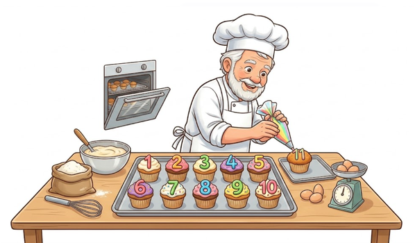 Tranh bác đầu bếp và khay bánh cupcake được đánh số