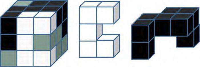 Khối lập phương 3 × 3 × 3 ghép từ ba mảnh đen, trắng, xám; bên cạnh là mảnh trắng (hình chữ C gồm 5 khối) và mảnh đen (hình chiếc cầu gồm 8 khối)