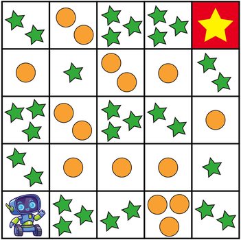 Sa bàn 5 × 5: rô-bốt ở góc dưới trái, đích ở góc trên phải; mỗi ô có một số ngôi sao xanh hoặc một số hình tròn cam